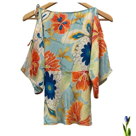 Y2K Express 100% Silk colorful blouse with open sleeves and flowers size 7/8 - Picture 3 of 7